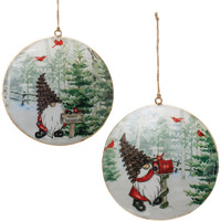 Metal Gnome Cardinal Forest Disc Ornament (Set of 6)