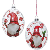 Glass Peppermint Gnome Disc Ornament (Set of 12)