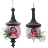 Wood Finial Birdhouse with Cardinal Ornament (Set of 6)