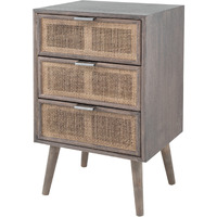 Cae 28 Inch Dresser Chest, 3 Drawers, Pine Wood, Rattan Panels, Dark Gray