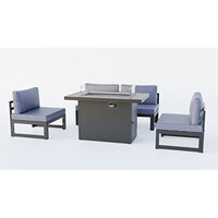 LeisureMod Chelsea 5-Piece Middle Patio Chairs and Fire Pit Table Set Black Aluminum With Cushions
