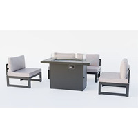 LeisureMod Chelsea 5-Piece Middle Patio Chairs and Fire Pit Table Set Black Aluminum With Cushions