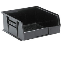 Bin, stacking or hanging, conductive, 11W x 10-7/8D x 5H, front/back/side grips, anti-slide lock, (3) divider slots, rear hanger, molded-in label holder, black, Made in USA