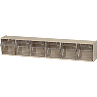 Tip Out Bin, (6) compartment, handle with label slot, opens to a 45 angle, plastic clear container, polystyrene ivory cabinet, Made in USA