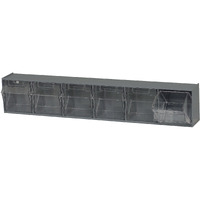 Tip Out Bin, (6) compartment, handle with label slot, opens to a 45 angle, plastic clear container, polystyrene gray cabinet, Made in USA