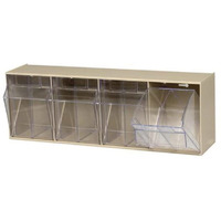 Tip Out Bin, (4) compartment, handle with label slot, opens to a 45 angle, plastic clear container, polystyrene ivory cabinet, Made in USA