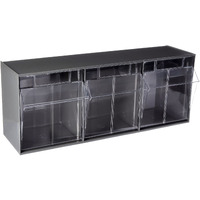 Tip Out Bin, (3) compartment, handle with label slot, opens to a 45 angle, plastic clear container, polystyrene gray cabinet, Made in USA