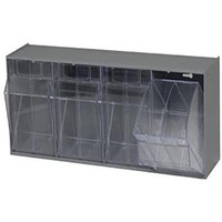 Tip Out Bin, (4) compartment, handle with label slot, opens to a 45 angle, plastic clear container, polystyrene gray cabinet, Made in USA