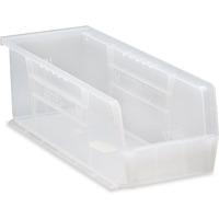 Bin, stacking or hanging, 5-1/2W x 14-3/4D x 5H, front/back/side grips, anti-slide lock, (1) divider slot, rear hanger, molded-in label holder, polypropylene, clear, Made in USA