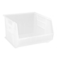Bin, stacking or hanging, 16-1/2W x 18D x 11H, front/back/side grips, anti-slide lock, (3) divider slots, rear hanger, molded-in label holder, polypropylene, clear, Made in USA