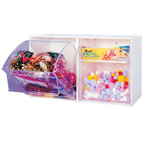 Tip Out Bin, (2) compartment, handle with label slot, opens to a 45 angle, plastic clear container, polystyrene white cabinet, Made in USA