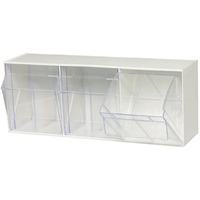 Tip Out Bin, (3) compartment, handle with label slot, opens to a 45 angle, plastic clear container, polystyrene white cabinet, Made in USA