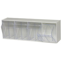 Tip Out Bin, (4) compartment, handle with label slot, opens to a 45 angle, plastic clear container, polystyrene white cabinet, Made in USA