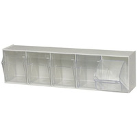 Tip Out Bin, (5) compartment, handle with label slot, opens to a 45 angle, plastic clear container, polystyrene white cabinet, Made in USA
