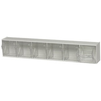 Tip Out Bin, (6) compartment, handle with label slot, opens to a 45 angle, plastic clear container, polystyrene white cabinet, Made in USA