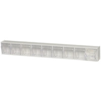 Tip Out Bin, (9) compartment, handle with label slot, opens to a 45 angle, plastic clear container, polystyrene white cabinet, Made in USA