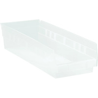 Economy Shelf Bin, nesting, 17-7/8W x 8-3/8D x 4H, (7) divider slots, rear hanglock, molded-in label holder, clear polyropylene, Made in USA