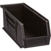Bin, stacking or hanging, 4-1/8W x 10-7/8D x 4H, front/back/side grips, anti-slide lock, (1) divider slot, rear hanger, molded-in label holder, polypropylene, black, Made in USA