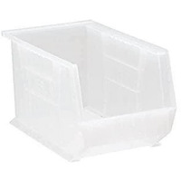 Bin, stacking or hanging, 8-1/4W x 13-5/8D x 8H, front/back/side grips, anti-slide lock, (1) divider slot, rear hanger, molded-in label holder, polypropylene, clear, Made in USA