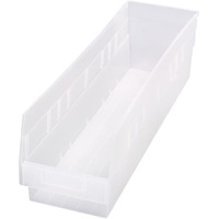 Economy Shelf Bin, nesting, 23-5/8W x 6-5/8D x 6H, (7) divider slots, rear hanglock, molded-in label holder, clear polyropylene, Made in USA