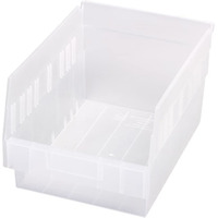 Economy Shelf Bin, nesting, 11-5/8W x 8-3/8D x 6H, (7) divider slots, rear hanglock, molded-in label holder, clear polyropylene, Made in USA