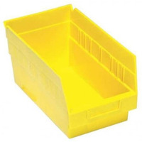 Economy Shelf Bin, nesting, 11-5/8W x 6-5/8D x 4H, (7) divider slots, rear hanglock, molded-in label holder, yellow polyropylene, Made in USA