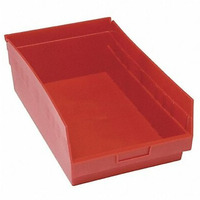 Economy Shelf Bin, nesting, 17-7/8W x 11-1/8D x 4H, (7) divider slots, rear hanglock, molded-in label holder, red polyropylene, Made in USA