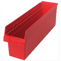 Economy Shelf Bin, nesting, 23-5/8W x 6-5/8D x 4H, (7) divider slots, rear hanglock, molded-in label holder, red polyropylene, Made in USA