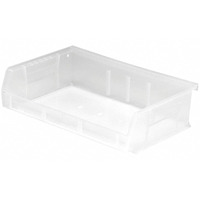 Bin, stacking or hanging, 11W x 7-3/8D x 3H, front/back/side grips, anti-slide lock, (3) divider slots, rear hanger, molded-in label holder, polypropylene, clear, Made in USA