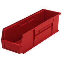 Bin, stacking or hanging, 5-1/2W x 18D x 5H, front/back/side grips, anti-slide lock, (1) divider slot, rear hanger, molded-in label holder, polypropylene, red, Made in USA