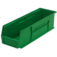 Bin, stacking or hanging, 5-1/2W x 18D x 5H, front/back/side grips, anti-slide lock, (1) divider slot, rear hanger, molded-in label holder, polypropylene, green, Made in USA