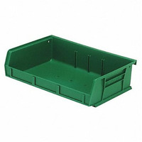 Bin, stacking or hanging, 11W x 7-3/8D x 3H, front/back/side grips, anti-slide lock, (3) divider slot, rear hanger, molded-in label holder, polypropylene, green, Made in USA