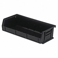 Bin, stacking or hanging, 11W x 5-3/8D x 3H, front/back/side grips, anti-slide lock, (3) divider slot, rear hanger, molded-in label holder, polypropylene, black, Made in USA