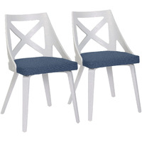 Charlotte Farmhouse Chair in White Textured Wood and Blue Fabric by LumiSource - Set of 2