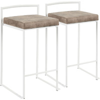 Fuji Contemporary Stackable Counter Stool in White with Brown Cowboy Fabric Cushion by LumiSource - Set of 2