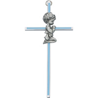 6 in. Pewter Blue Silk Screen Boy Wall Cross Boxed