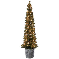 5 ft. Pencil LED Alpine Resin Potted Christmas Tree, Green - 100 Count