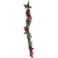 6 ft. Pine Garland Poinsettia, Berries, Snowcap Pinecones