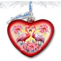 3 x 3.5 in. Flamingo Love Heart Glass Ornament Christmas Decor
