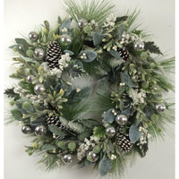AI-FL7066-Q02 30 in. Frosted Green with Pinecones, White Berries & Silver Ornaments Wreath - Set of 2