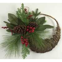 AI-FL7089-Q02 Pine Needles & Cones with Leaves & Berries on Half Wreath, Brown, Red & Green - Set of 2