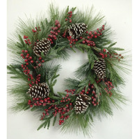 AI-FL7082-Q06 Pine Needles, Cones & Berries Wreath, Green, Red & Brown - Set of 6