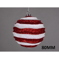 80 mm Red & White Wavy Striped Ball Ornament