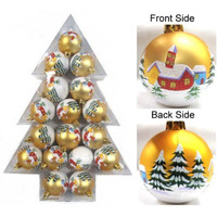Christmas Plastic Decoration Ball with Houses & Trees, Matte Gold & White - 17 Piece