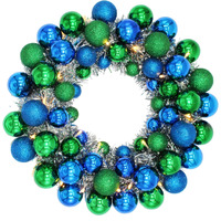 16 in. Ball with Battery Powered Pure White LEDs Wreath, Blue & Green