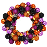 16 in. Ball with Battery Powered Pure White LEDs Wreath, Purple, Orange & Black