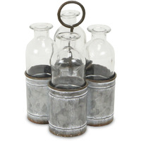 Set of Four Clear Galvanized Metal and Glass Decorative Bottles