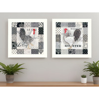 Set Of Two Black And White Rooster White Framed Print Wall Art