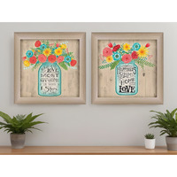 Set Of Two Mason Jar Floral Happiness at Home Brown Framed Print Wall Art