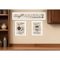 Set Of Three Kitchen Is The Heart of Home White Framed Kitchen Wall Art